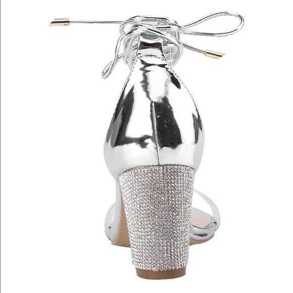 Silver Rhinestone Block Heeled Sandal Clear Strappy Open Square Toe 2.75” Heel - Picture 4 of 13